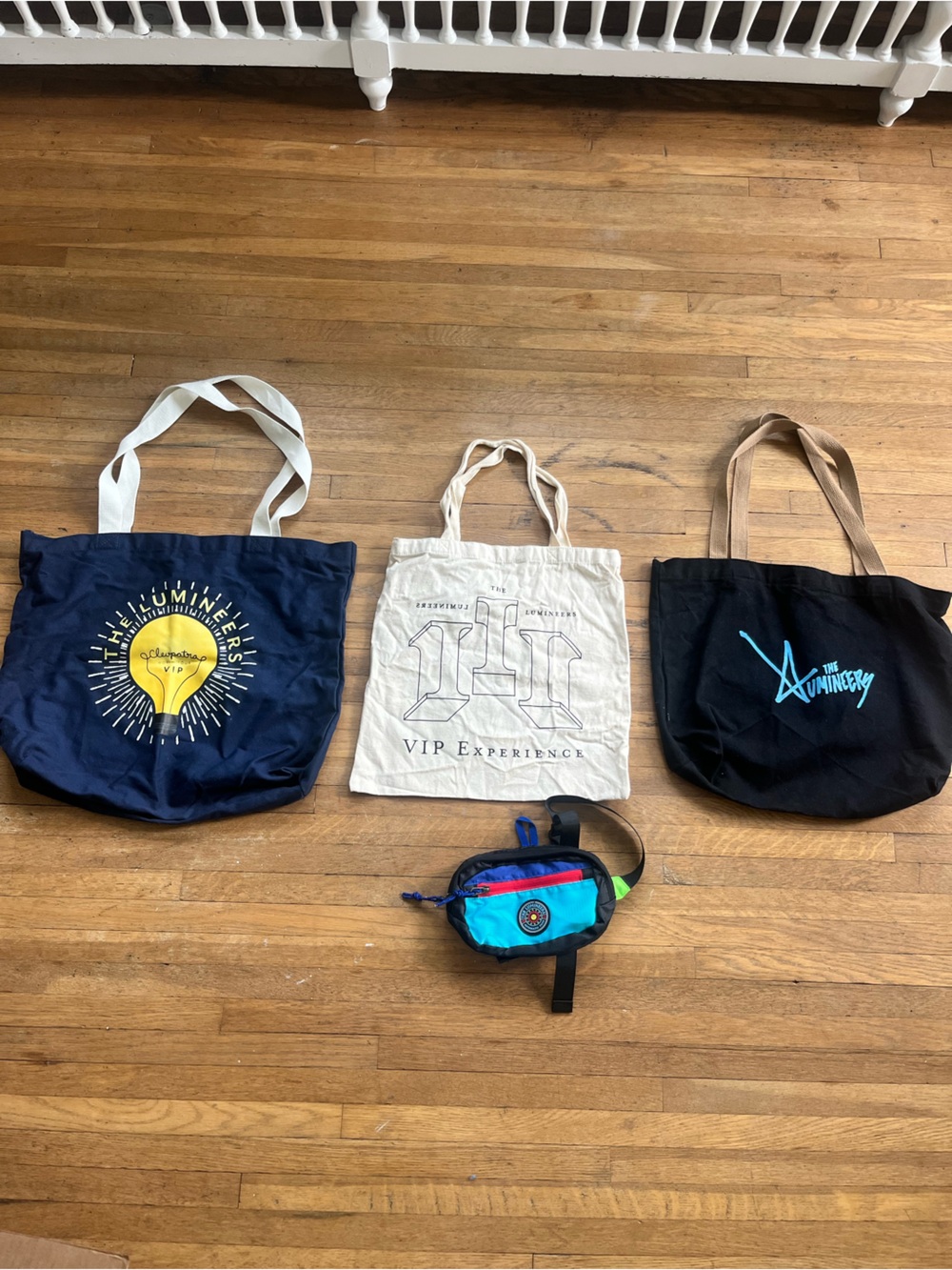 Lumineers VIP merchandise: 3 tote bags and one fanny pack